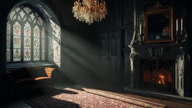 Elegant Gothic room with intricately designed stained glass windows ornate chandelier plush velvet sofa warm glowing fireplace and rich patterned rug illuminated by soft natural light streaming