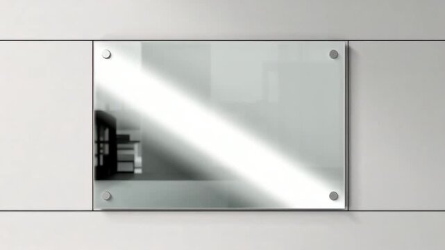 Minimalist glass panel display reflecting soft light in modern office environment with clean lines and neutral color palette changing reflections and textures throughout the scene