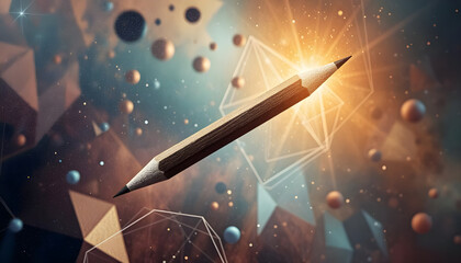 Floating pencil in surreal cosmic environment with geometric shapes and glowing abstract light