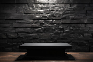 black marble rectangular podium empty table on background of stone wall