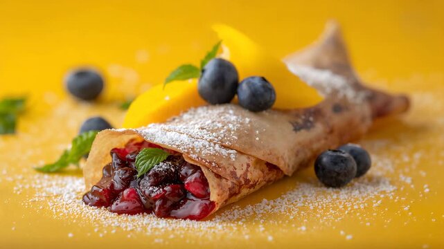 Close-up of a delicious dessert crepe filled with mixed berries and topped with powdered sugar mango slices and blueberries on a bright yellow background with soft natural lighting