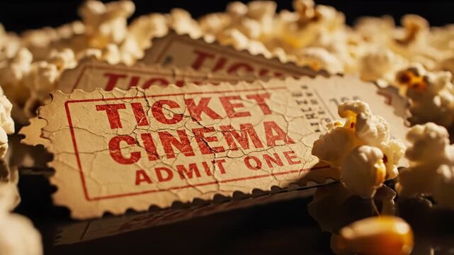 Closeup of vintage cinema admission tickets surrounded by fluffy popcorn kernels and unpopped corn grain