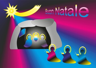 Christmas nativity scene, Three Kings with gifts, Star of Bethlehem and rays - abstract graphic with silhouettes of people and Wishes in Italian. Topics: Adoration of the Magi, Epiphany, card, gift