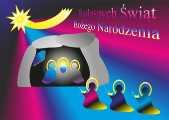 Christmas nativity scene, Three Kings with gifts, Star of Bethlehem and rays - abstract graphic with silhouettes of people and Wishes in Polish. Topics: Adoration of the Magi, Epiphany, card, gift