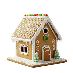 hyper-photorealistic macro shot of an intricate dark gingerbread house, decorated with crisp white and pale pink royal icing and powdered sugar snow, isolated on a clean white background. concept of