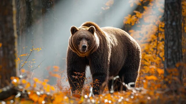 Brown bear standing and stepping forward in autumn forest with sun rays through pine trunks full-body medium shot showing thick fur texture orange leaves soft natural backlight