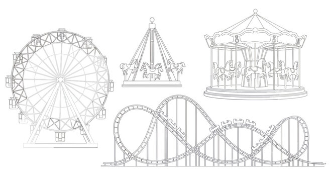 Monochrome depiction of amusement park rides like a ferris wheel and rollercoaster art