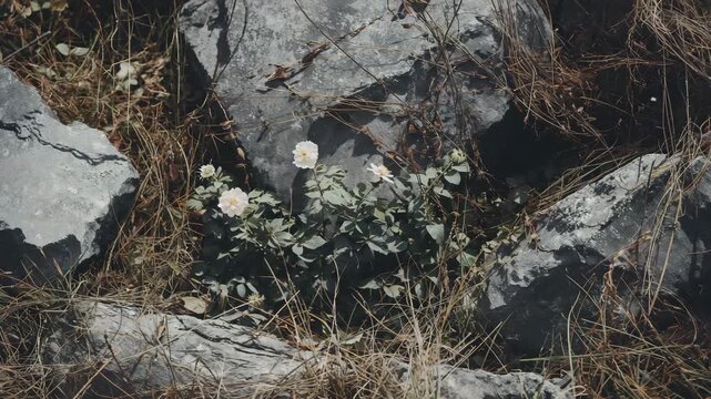 Slow camera push in on pale white blush wild roses blooming among rough gray limestone rocks with dry tan grasses swaying in natural daylight close shot showing foliage petals stone texture