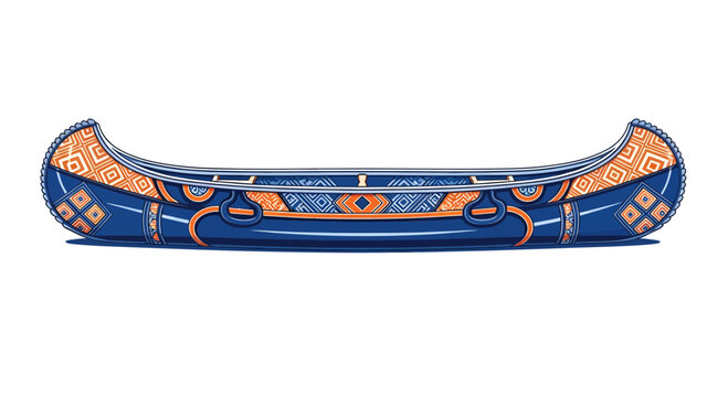 Ornate indigenous-inspired canoe illustration with geometric orange and blue patterns