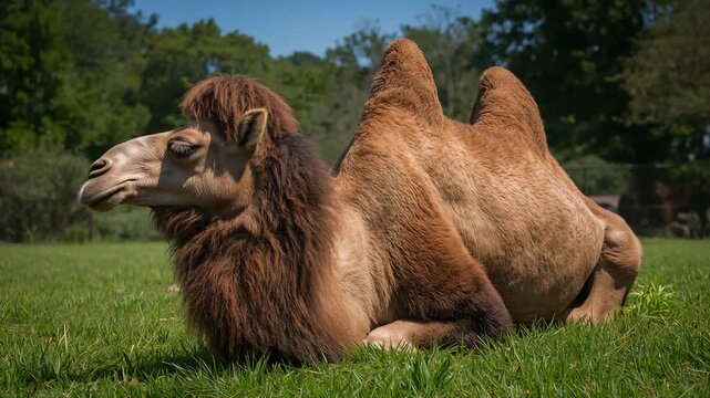 Two-humped Bactrian camel resting and turning its head while shifting on green grassy pasture outdoors side view soft natural light detailed brown fur and tree-lined background