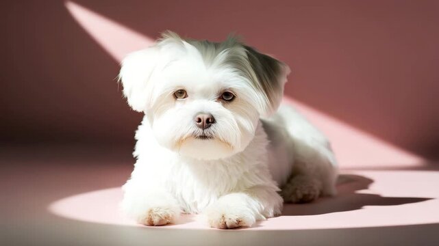 Small white fluffy dog lying on a pink studio backdrop in a close up eye level shot turning head slightly and shifting gaze as soft directional sunlight creates a triangular highlight and sharp shadow