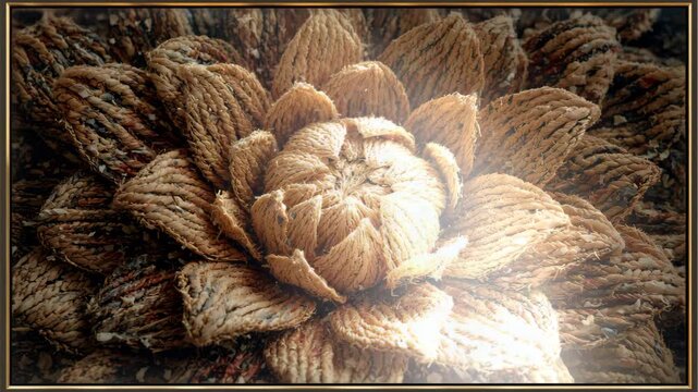 Top down close up of a jute rope rosette blooming with layered petal shaped braided twine rotating under warm side light showing shifting highlights and coarse fibrous texture