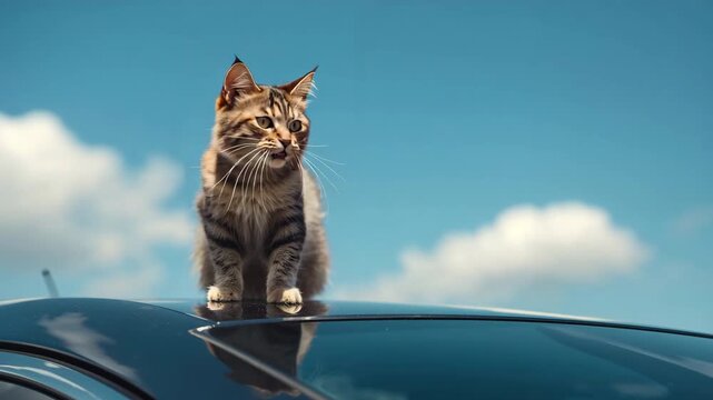 Tabby cat sequence walking across glossy black car roof and sunroof reflecting blue sky and clouds from sitting and meowing to turning head and stalking across the vehicle in bright natural daylight