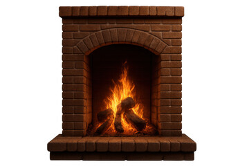Obraz premium Brick fireplace with active fire, burning logs providing warmth and cozy ambiance on transparent background
