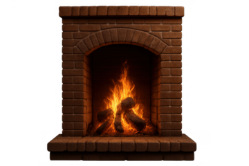 Brick fireplace with active fire, burning logs providing warmth and cozy ambiance on transparent background