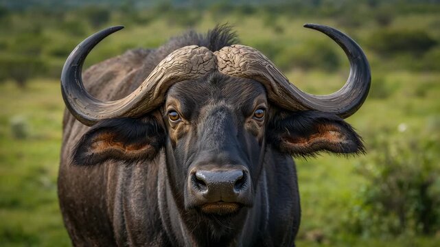 Close-up African buffalo staring directly at camera in grassy savanna