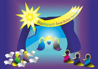 Christmas nativity scene, shepherds with sheep, Three Kings with gifts, Star of Bethlehem - abstract colorful graphic with silhouettes of people and Wishes in Polish.