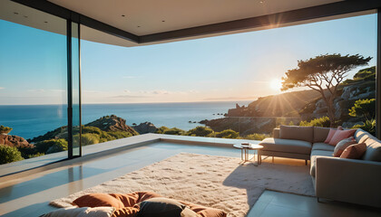 Modern Luxury Living Room with Panoramic Ocean View and Sunset Light