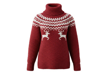 Obraz premium highly detailed chunky knit cranberry red wool-cashmere blend turtleneck sweater with intricate white fair isle pattern, neatly folded and isolated against a bright white background. concept of cozy
