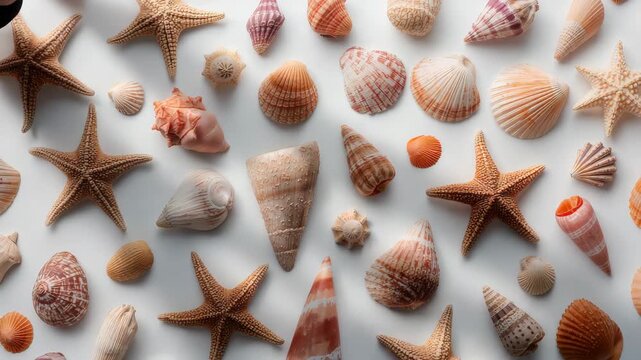 Assorted seashells and starfish flat lay slowly panning on white background