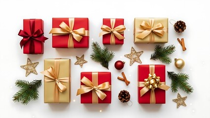 Christmas Gift Boxes with Ribbons and Decorations &ndash; Festive Holiday Flat Lay Background
