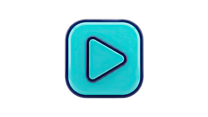 Glossy Cyan Play Button Icon With Rounded Square Edges And Dark Blue Outline Isolated On A Transparent Background