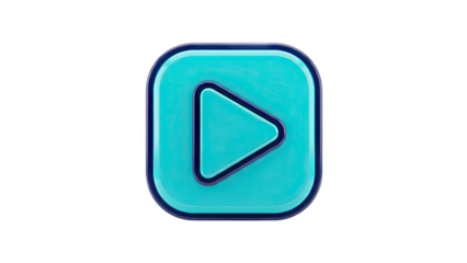 Glossy Cyan Play Button Icon With Rounded Square Edges And Dark Blue Outline Isolated On A Transparent Background