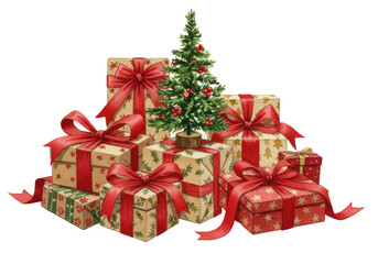 Fototapeta premium vintage watercolor still life of christmas gifts and a miniature evergreen sapling with red berries on a clean white background, capturing cozy holiday nostalgia