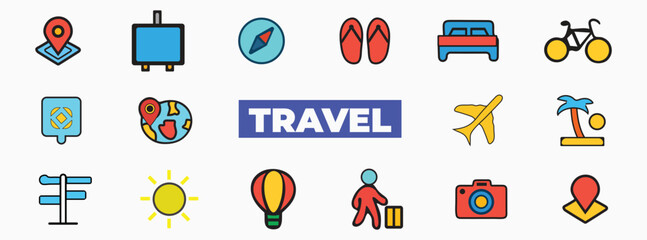 Travel set icon. Binoculars, snorkeling, van, hot air balloon, cable car, GPS, passport, train, umbrella, luggage, signpost, hotel.
