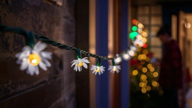Close-up of daisy string lights on porch as person decorates Christmas tree