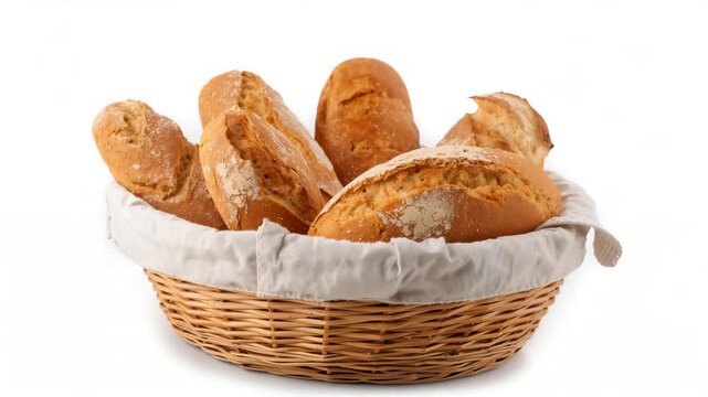 Fresh bakery bread in wicker basket on white background