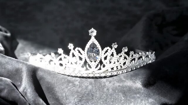Sparkling silver tiara glinting on black velvet luxury jewelry close up