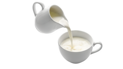Pouring fresh milk from creamer into white cup, isolated on white or transparent background. PNG