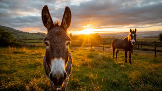 Curious donkey approaching camera in rural pasture at sunset