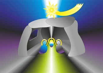 Christmas nativity scene in Grotto, Star of Bethlehem, silhouettes of Baby Jesus, Mary and Joseph - abstract colorful graphic with rays. Topics: card, gift, computer art, celebration, biblical scene