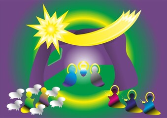 Christmas nativity colorful scene with silhouettes of Baby Jesus, Mary and Joseph, shepherds with sheep, Three Kings with gifts, Star of Bethlehem - abstract graphic.