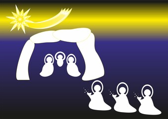 Christmas nativity scene, Three Kings with gifts, Star of Bethlehem and ray - abstract dark and yellow graphic with silhouettes of people in white. Topics: Adoration of the Magi, Epiphany, card, gift