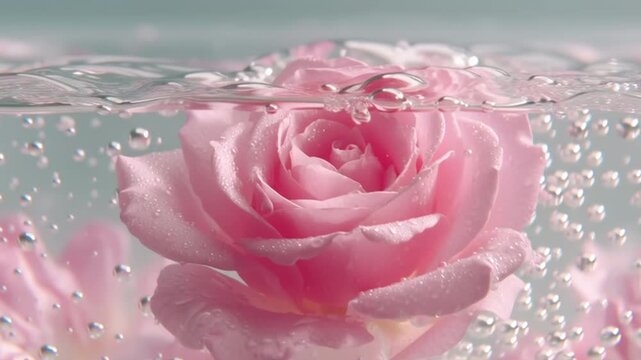 Rosa rosa metida dentro del agua abriendose