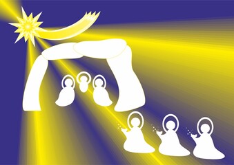 Christmas nativity scene, Three Kings with gifts, Star of Bethlehem and rays - abstract yellow and blue graphic with silhouettes of people in white. Topics: Adoration of the Magi, Epiphany, card, gift