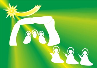 Christmas nativity scene, Three Kings with gifts, Star of Bethlehem and rays - abstract green graphic with silhouettes of people in white. Topics: Adoration of the Magi, Epiphany, card, gift