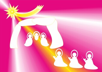 Christmas nativity scene, Three Kings with gifts, Star of Bethlehem and rays - abstract pink graphic with silh/ouettes of people in white. Topics: Adoration of the Magi, Epiphany, card, gift