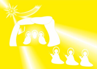 Christmas nativity scene, Three Kings with gifts, Star of Bethlehem and rays - abstract yellow graphic with silhouettes of people in white. Topics: Adoration of the Magi, Epiphany, card, gift