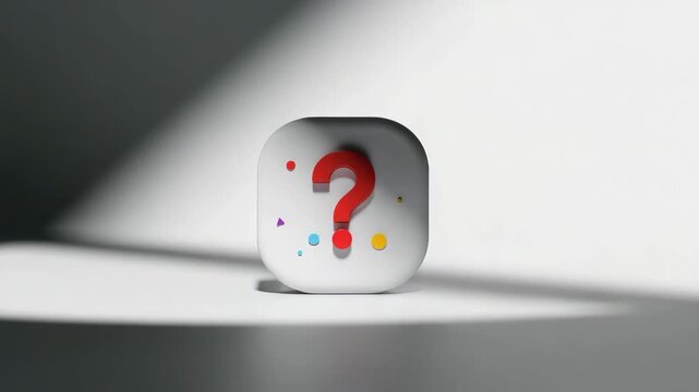 3D question mark app icon rotating under studio spotlight for logo reveal