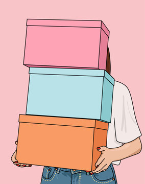 Woman Carrying by Hand a Pile of Blank Colourful Cardboard Boxes. Mockup Template with Copy Space for Moving Services, Retail and Sopping Sale, Delivery, Relocation Logistics, Shipping Business