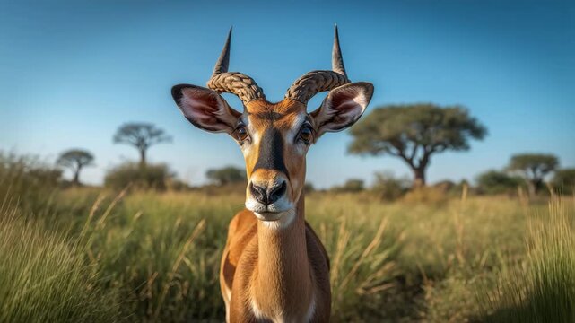 Curious antelope approaching camera in sunny African savanna close-up