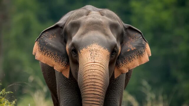 Elephant walking toward camera in lush green forest