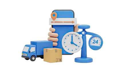3D Illustration of Logistics and Delivery Services Featuring a Truck a Package a Smartphone with a Map Pin and a Scale Showing 24 Hour Service
