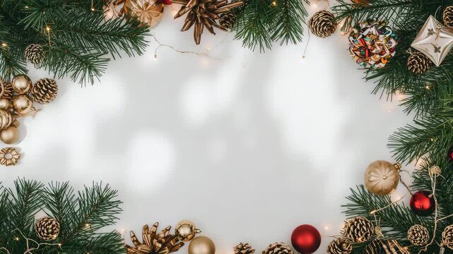 Christmas fir border with ornaments and twinkling lights over blank copy space