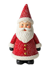 Obraz premium Miniature, glossy ceramic santa claus figurine in a deep crimson suit with faux fur trim and artificial snow, isolated on a pure white high-key studio backdrop, commercial holiday catalog concept.