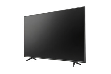Modern slim large screen television set with a sleek design and stand, viewed from an angled perspective. isolated on transparent background